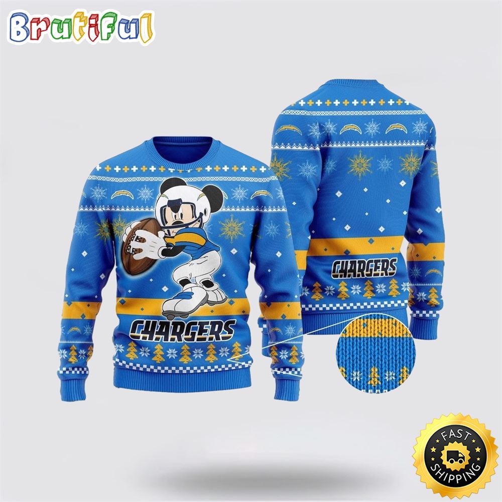 Los Angeles Chargers Ugly Christmas Sweater Mickey Mouse The Decisive Throw Unisex Sweater 1 y2iowg