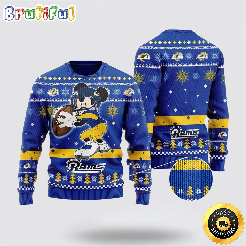 Los Angeles Rams Ugly Christmas Sweater Mickey Mouse The Decisive Throw Unisex Sweater 1 sdotfq