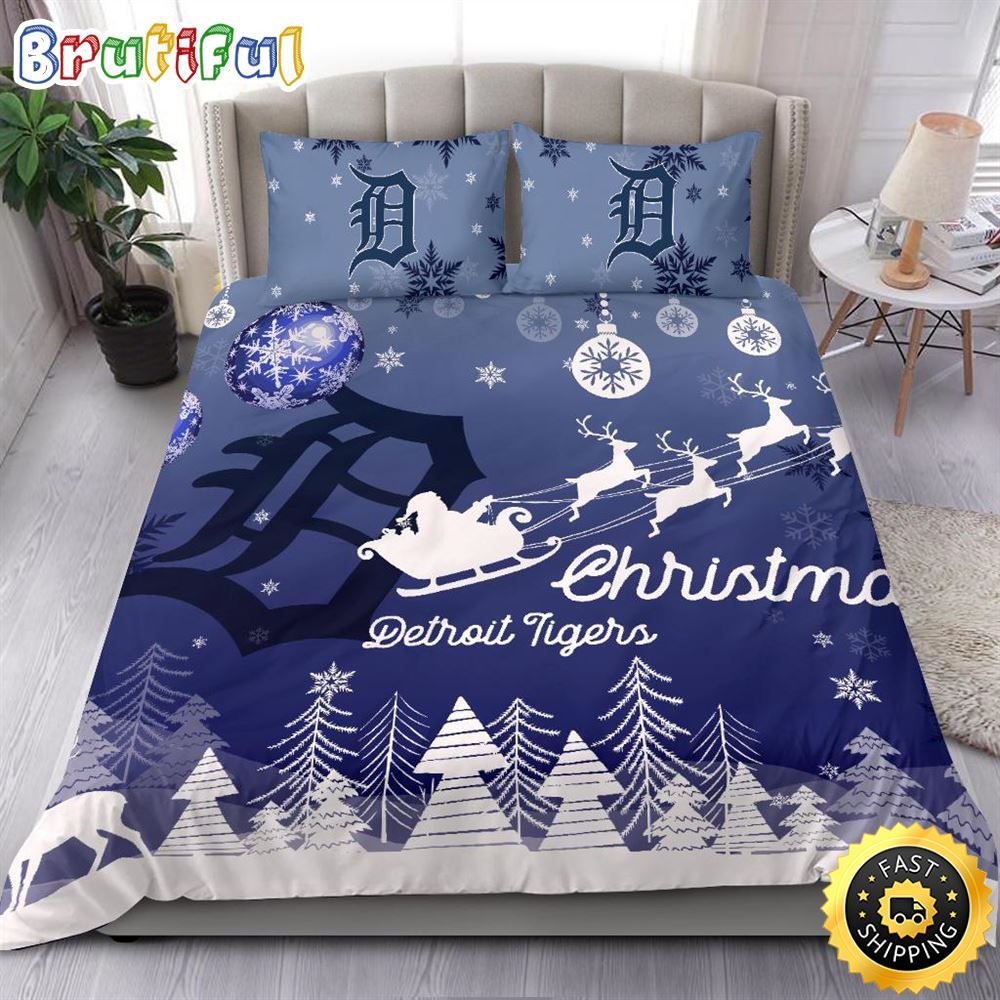 MLB Detroit Tigers Bedding Sets Santa Claus Sleigh And Reindeer Christmas Bedding Sets Quilt Bedding Sets 1 ci9zls