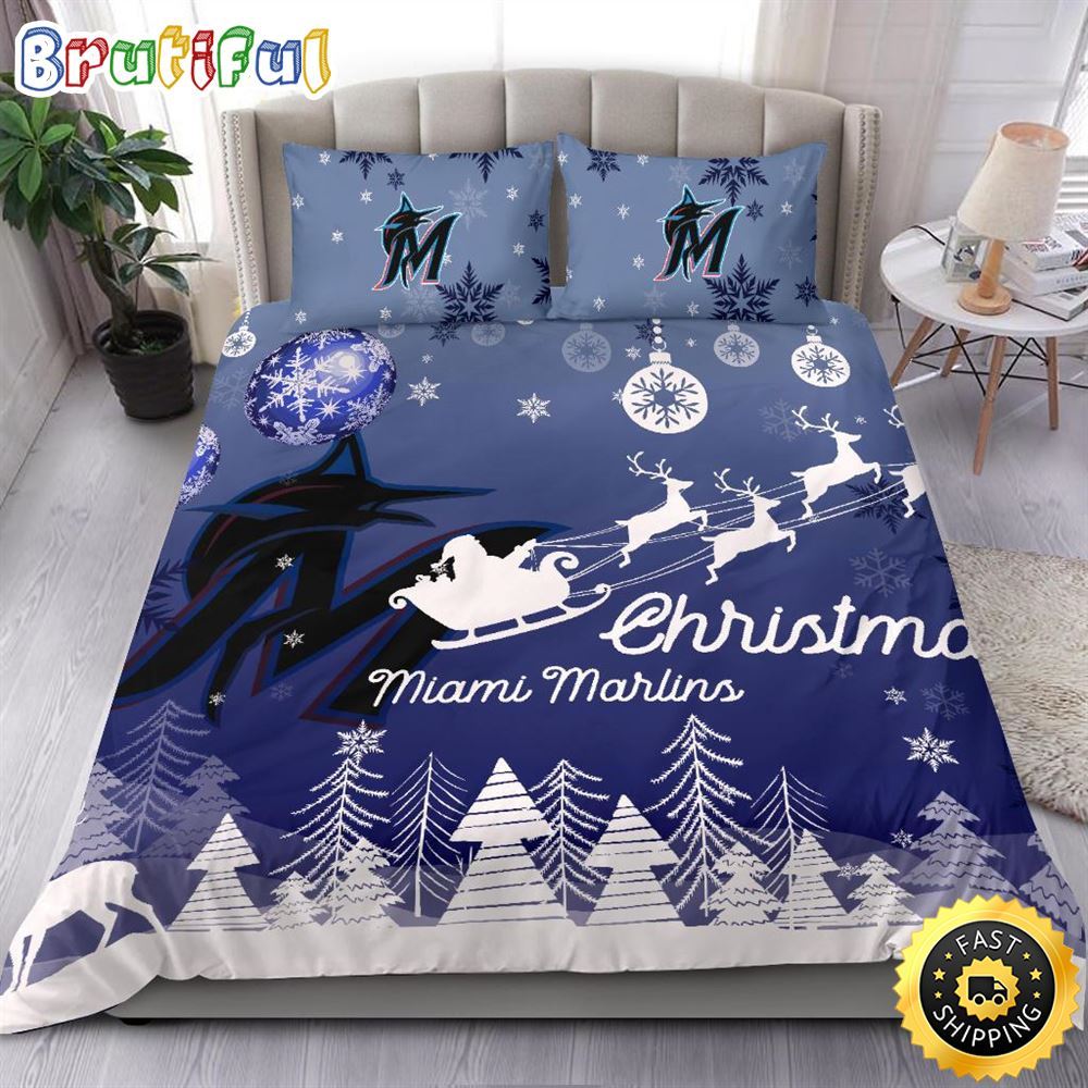 MLB Miami Marlins Bedding Sets Santa Claus Sleigh And Reindeer Christmas Bedding Sets Quilt Bedding Sets 1 x4oeq1