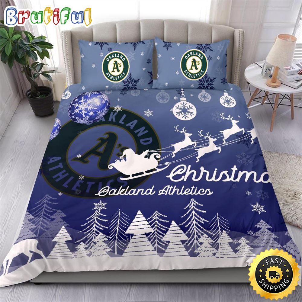MLB Oakland Athletics Bedding Sets Santa Claus Sleigh And Reindeer Christmas Bedding Sets Quilt Bedding Sets 1 kmceqn