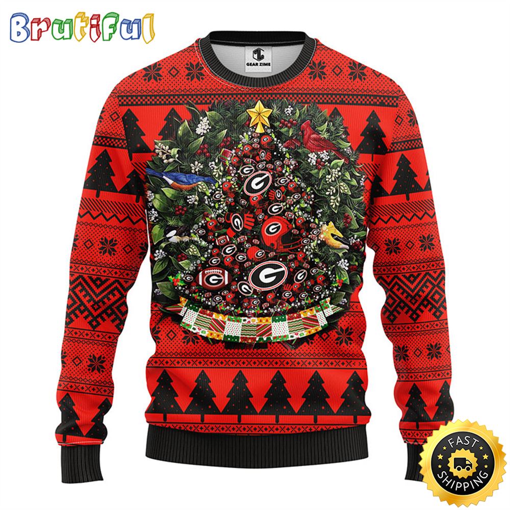 NCAA Georgia Bulldogs Ugly Christmas Sweater Ball Pine Tree Christmas Unisex Sweater 1 qft4po
