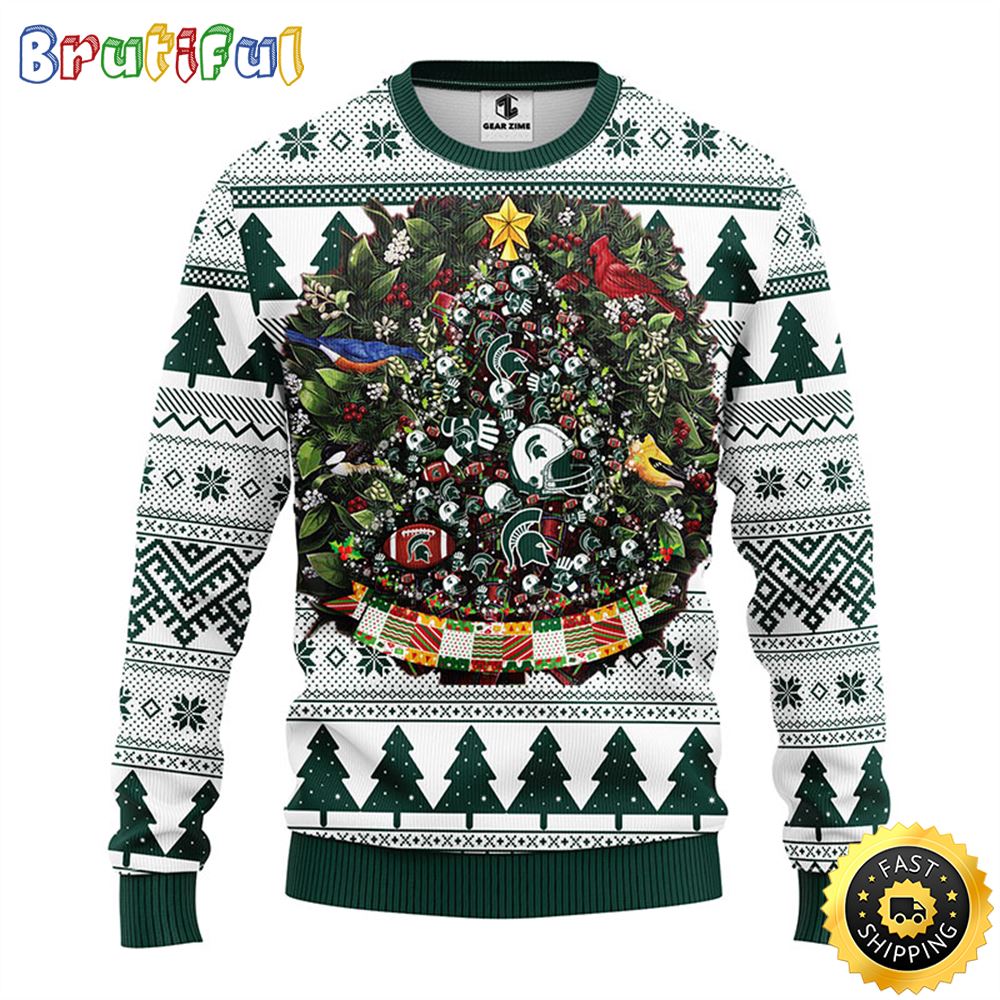 NCAA Michigan State Spartans Ugly Christmas Sweater Ball Pine Tree Christmas Unisex Sweater 1 pqkz2z