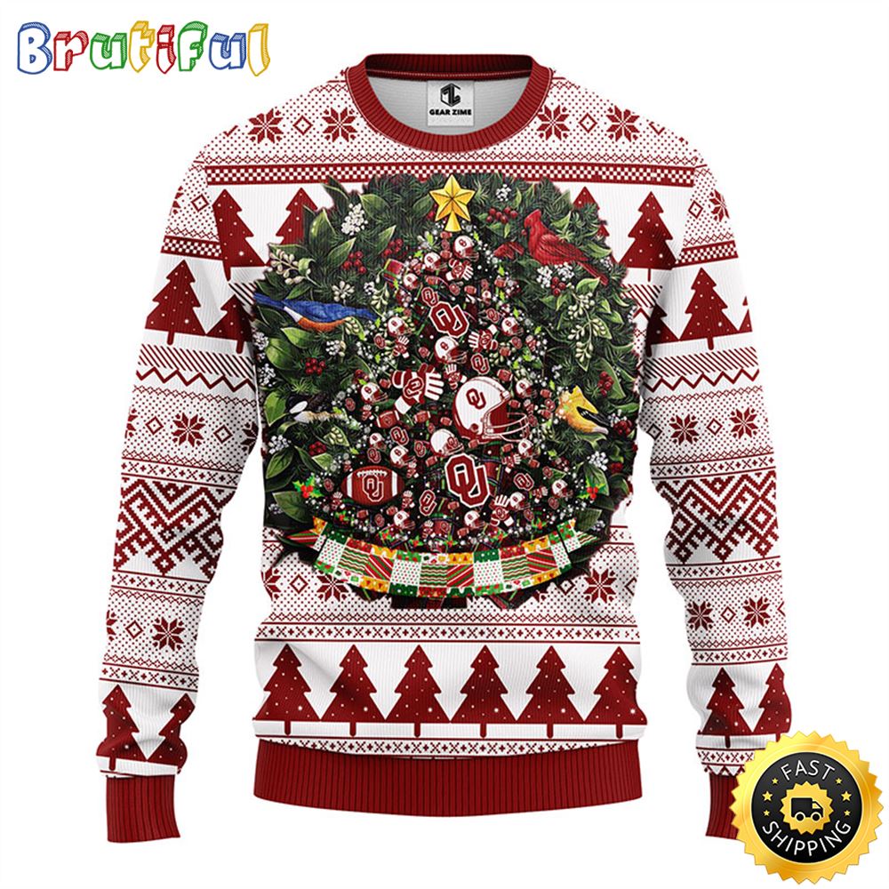NCAA Oklahoma Sooners Ugly Christmas Sweater Ball Pine Tree Christmas Unisex Sweater 1 tbgvna