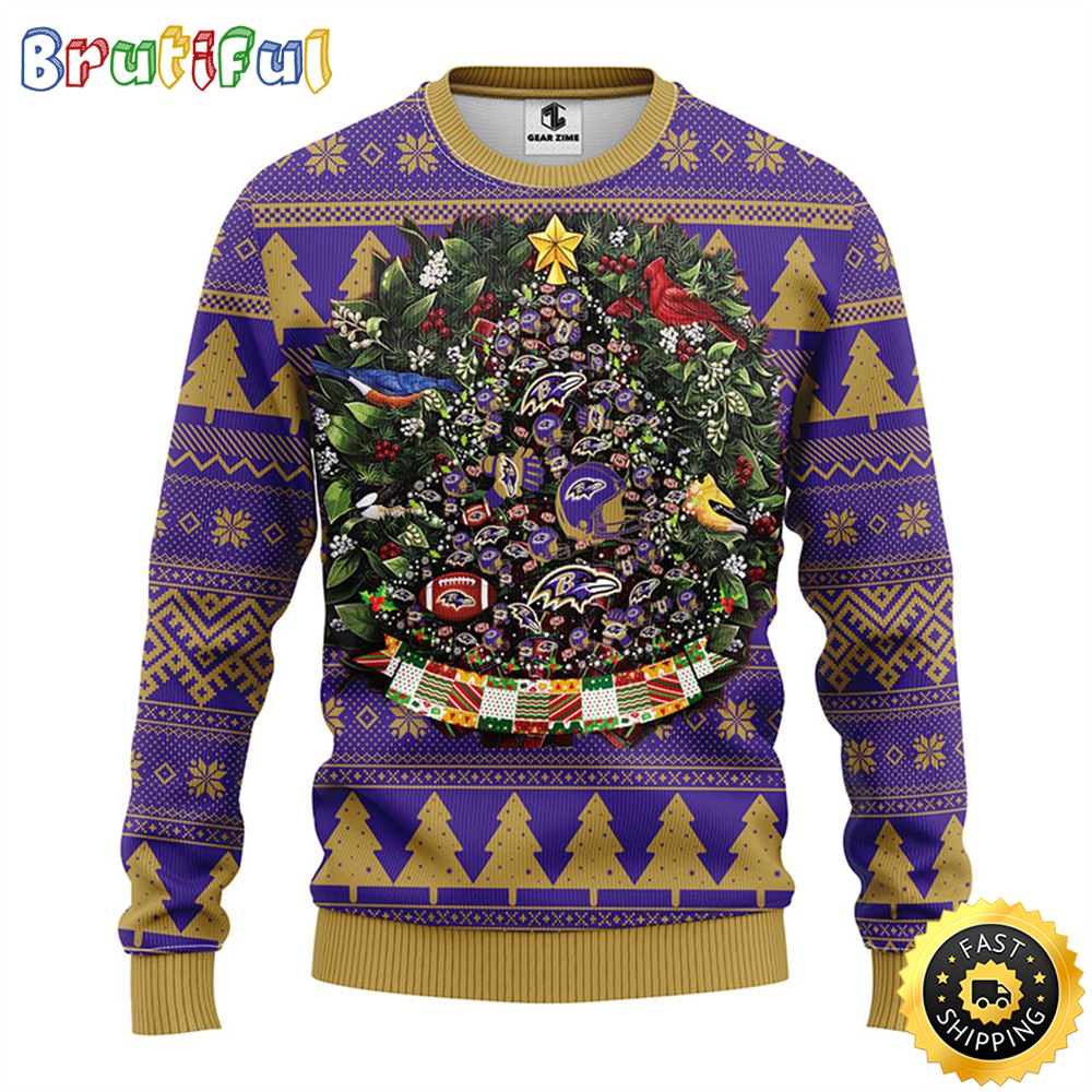 NFL Baltimore Ravens Ugly Christmas Sweater Ball Pine Tree Christmas Unisex Sweater 1 bchihw