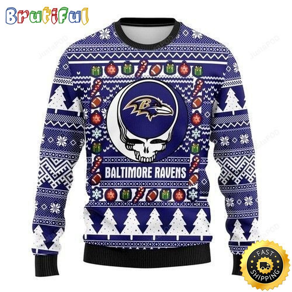 NFL Baltimore Ravens Ugly Christmas Sweater The Intelligence Of The Skull Unisex Sweater 1 hivoxu
