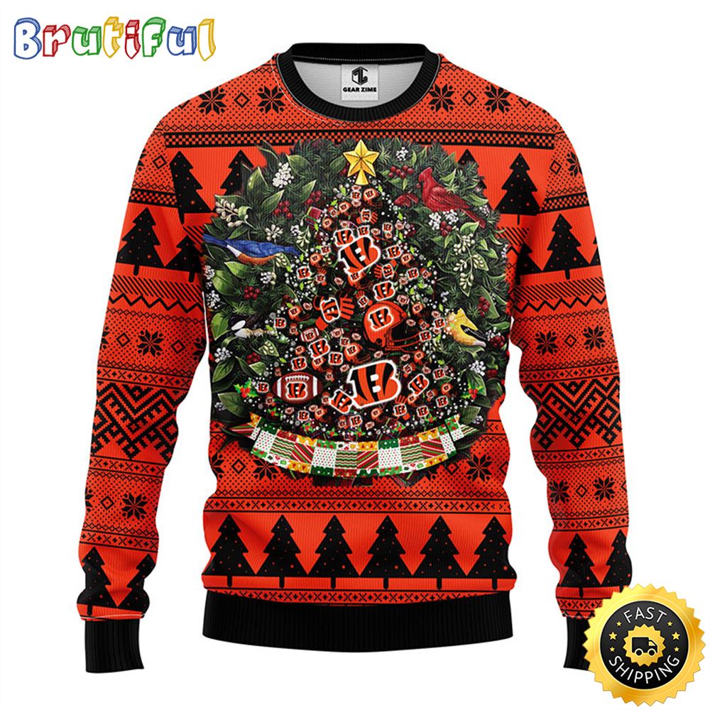 NFL Cincinnati Bengals Ugly Christmas Sweater Ball Pine Tree Christmas Unisex Sweater 1 smbl8p