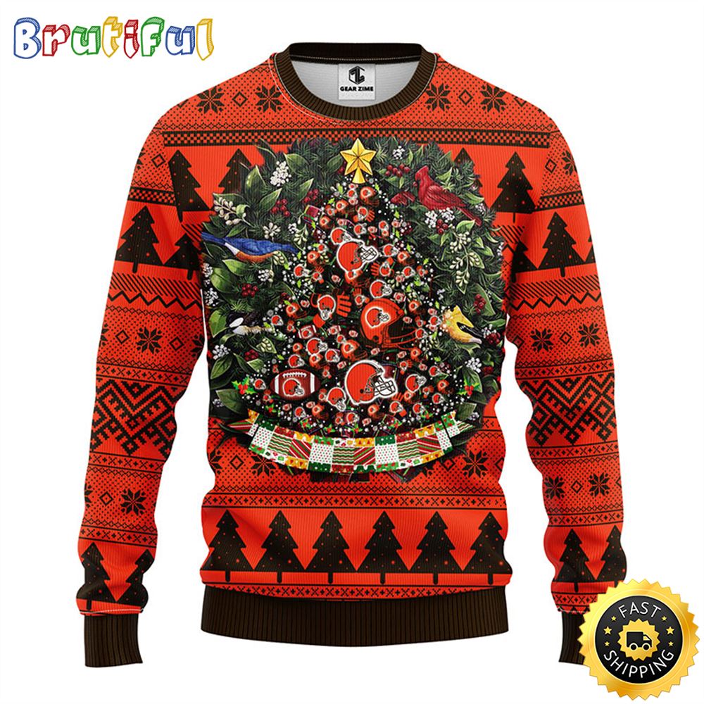 NFL Cleveland Browns Ugly Christmas Sweater Ball Pine Tree Christmas Unisex Sweater 1 daak9r