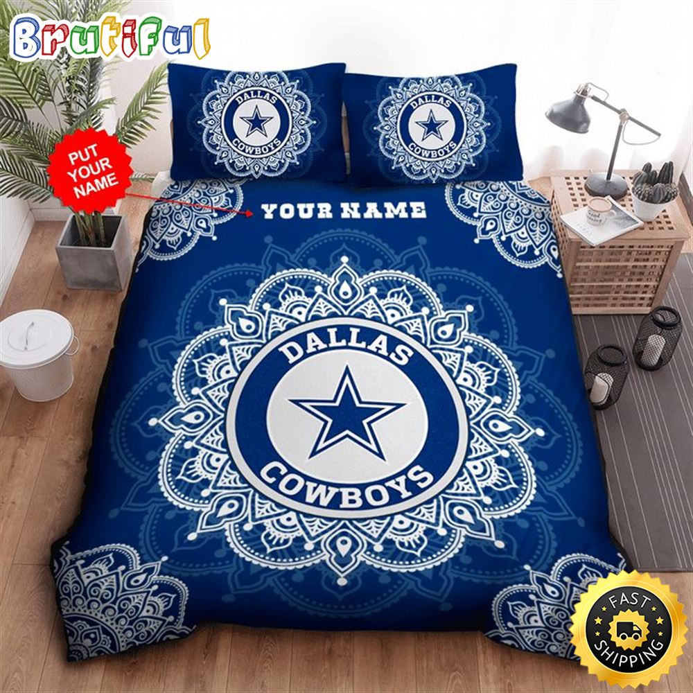 NFL Dallas Cowboys Custom Name Blue Grey Logo Center Bedding Set jzstuu