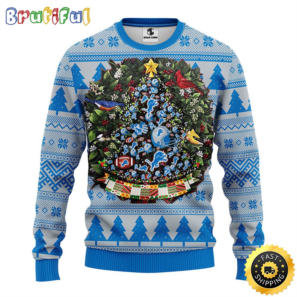 NFL Detroit Lions Ugly Christmas Sweater Ball Pine Tree Christmas Unisex Sweater 1 lahbhp