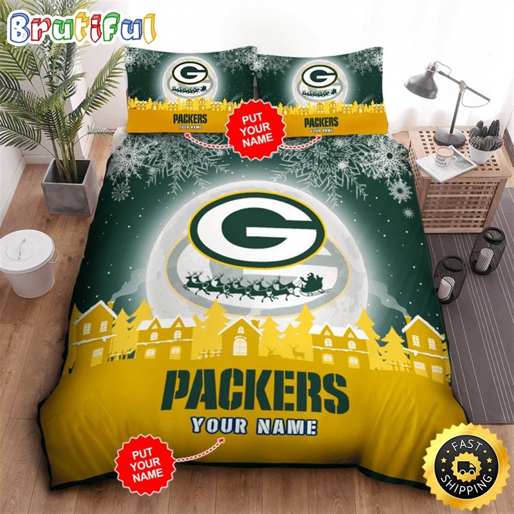 NFL Green Bay Packers Custom Name Big Logo Xmas Reindeers Bedding Set lk0vjq