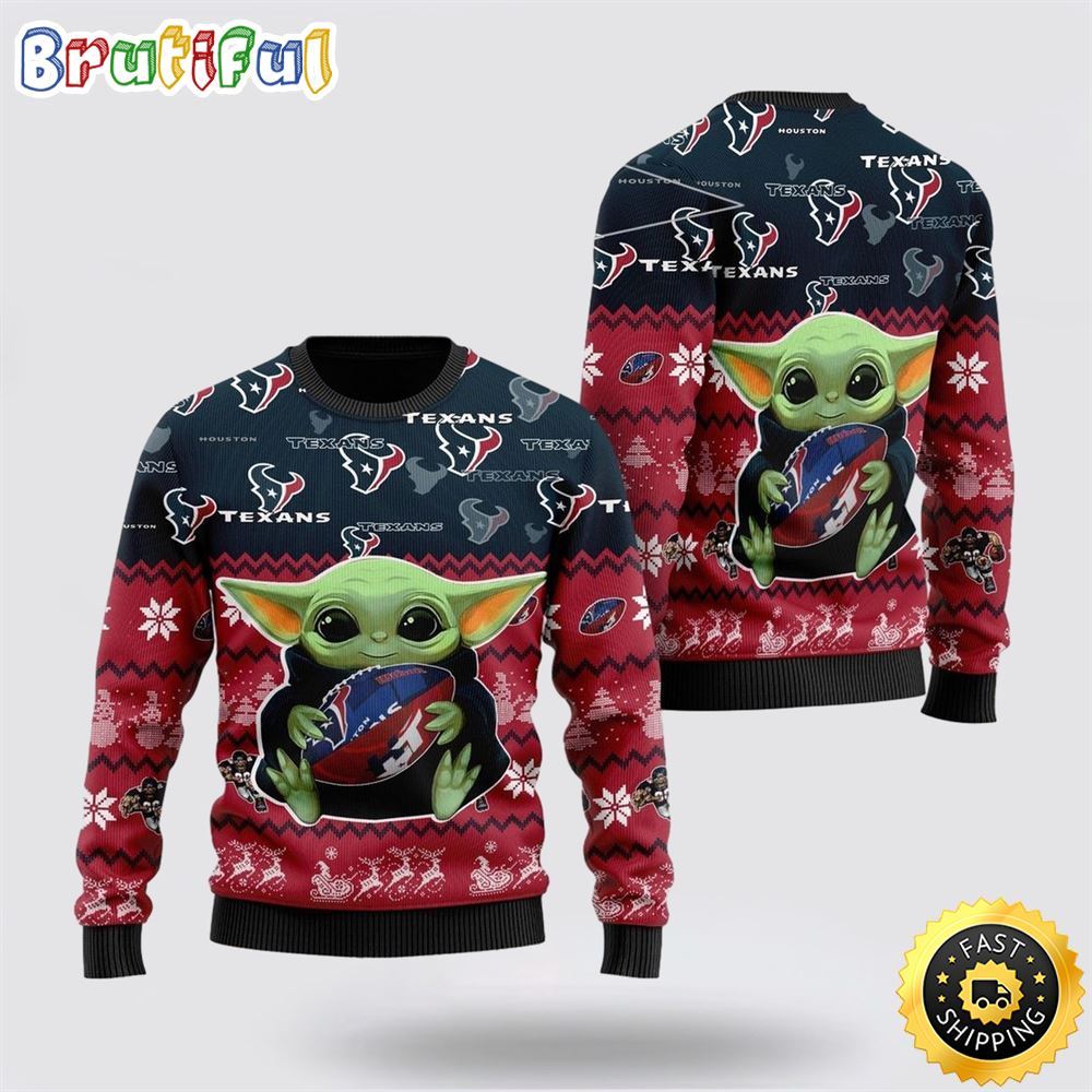 NFL Houston Texans Ugly Christmas Sweater Cute Baby Yoda Football Unisex Sweater 1 vqefeu