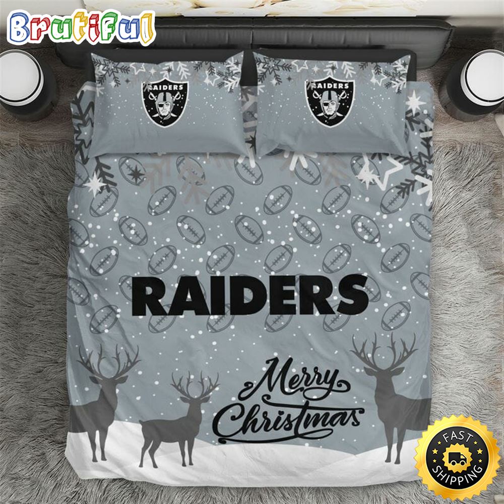 NFL Las Vegas Raiders Silver Merry Christmas Bedding Set rrolfj