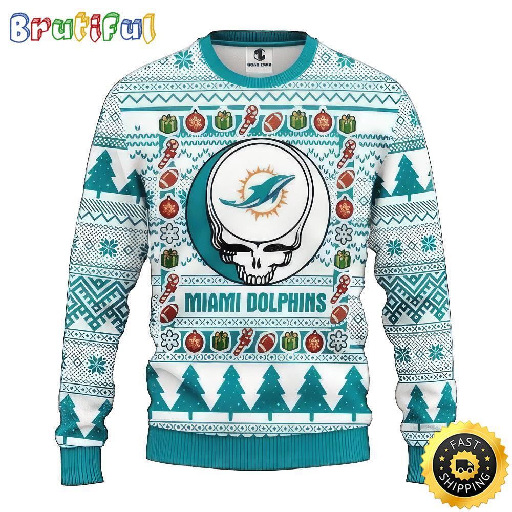 NFL Miami Dolphins Ugly Christmas Sweater The Intelligence Of The Skull Unisex Sweater 1 h0j2ag