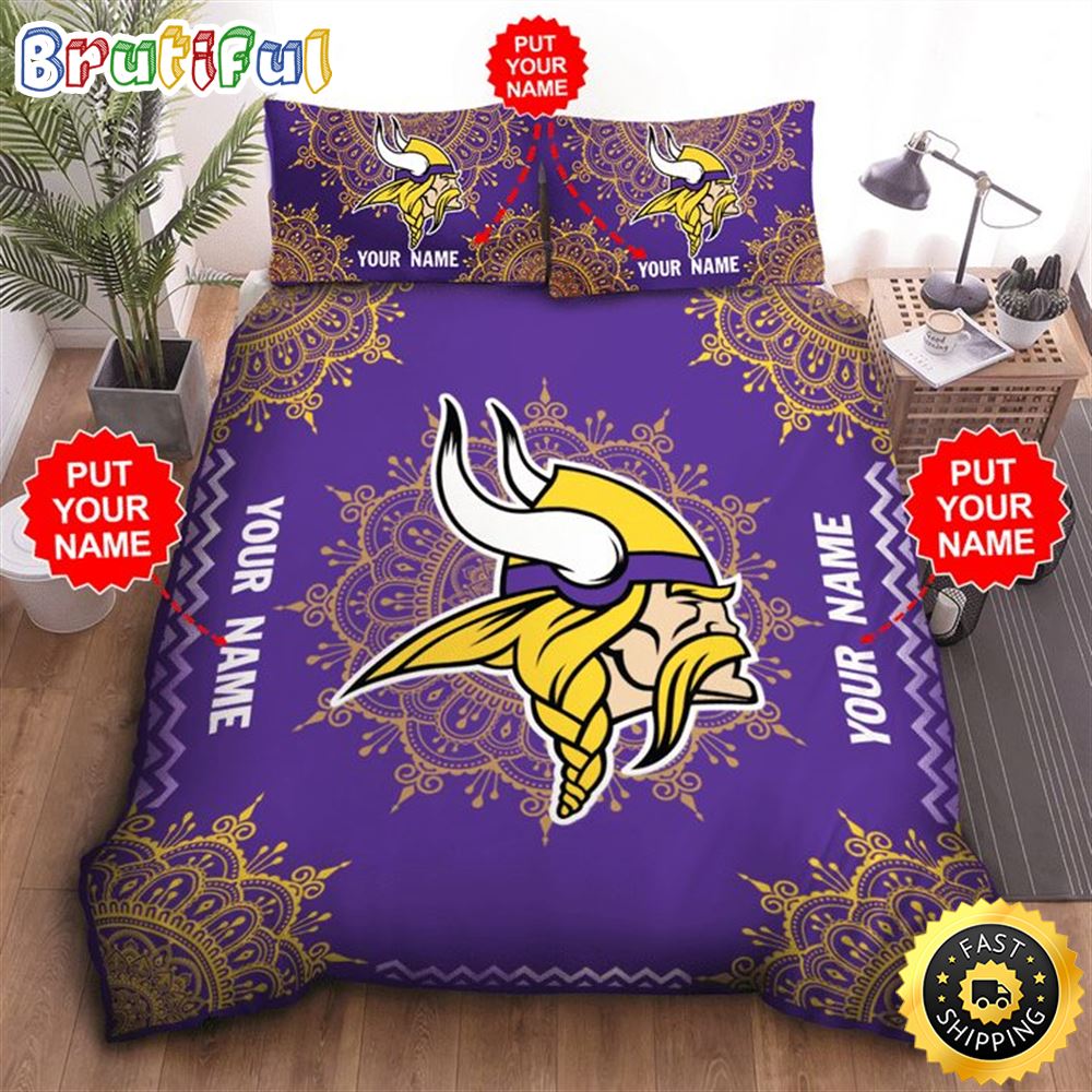 NFL Minnesota Vikings Custom Name Purple Yellow Logo Bedding Set xcaml0
