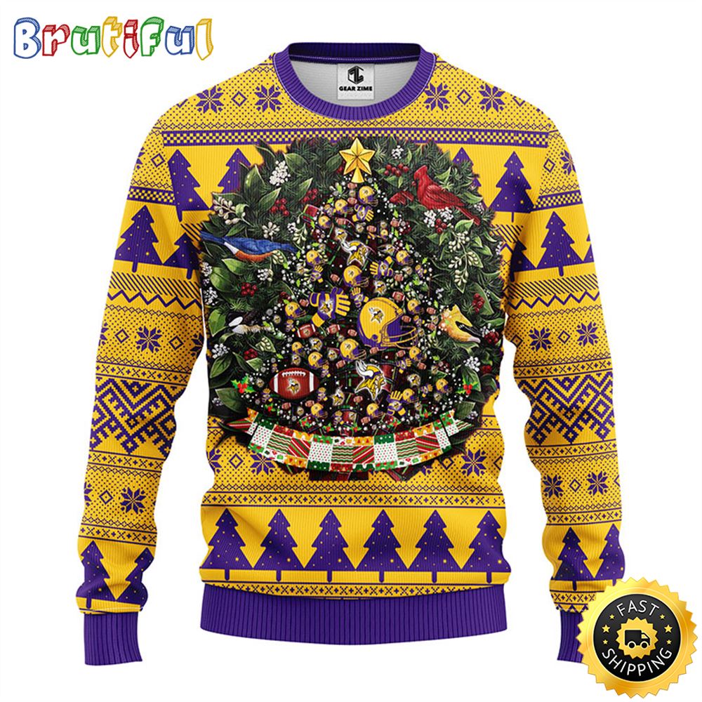 NFL Minnesota Vikings Ugly Christmas Sweater Ball Pine Tree Christmas Unisex Sweater 1 op5syd