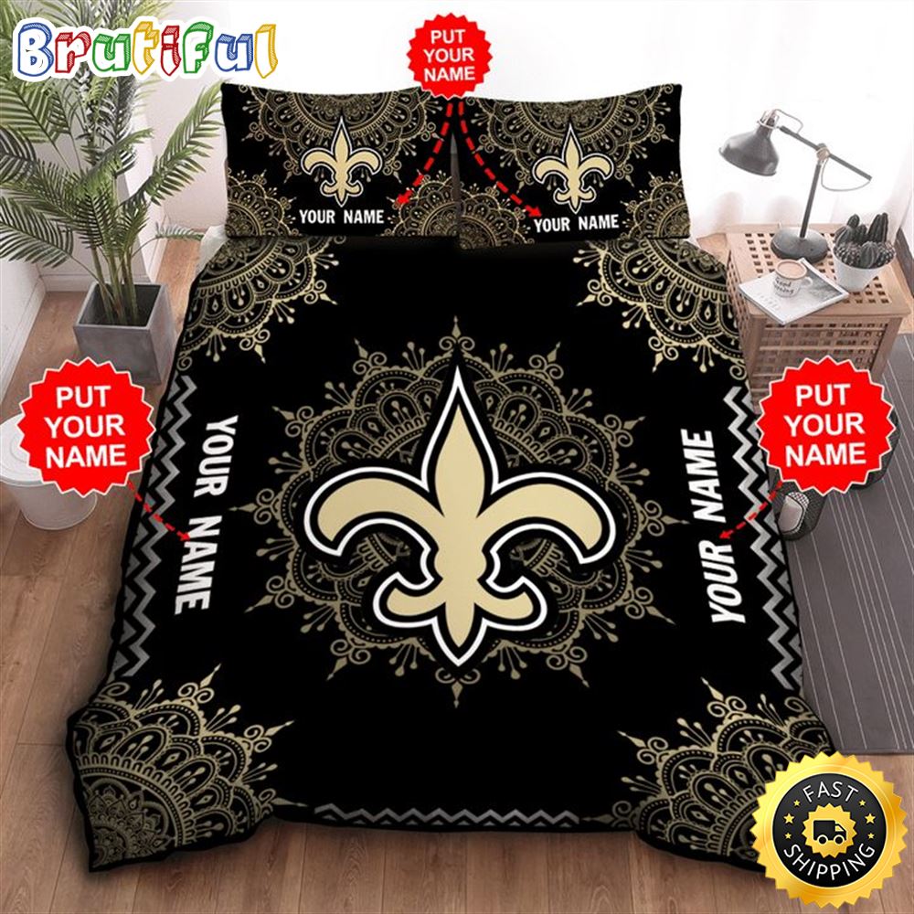 NFL New Orleans Saints Custom Name Black Golden Bedding Set mzie1k