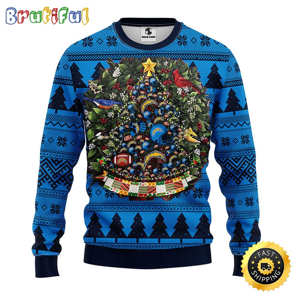 NFL San Diego Chargers Ugly Christmas Sweater Ball Pine Tree Christmas Unisex Sweater 1 q9ibjz