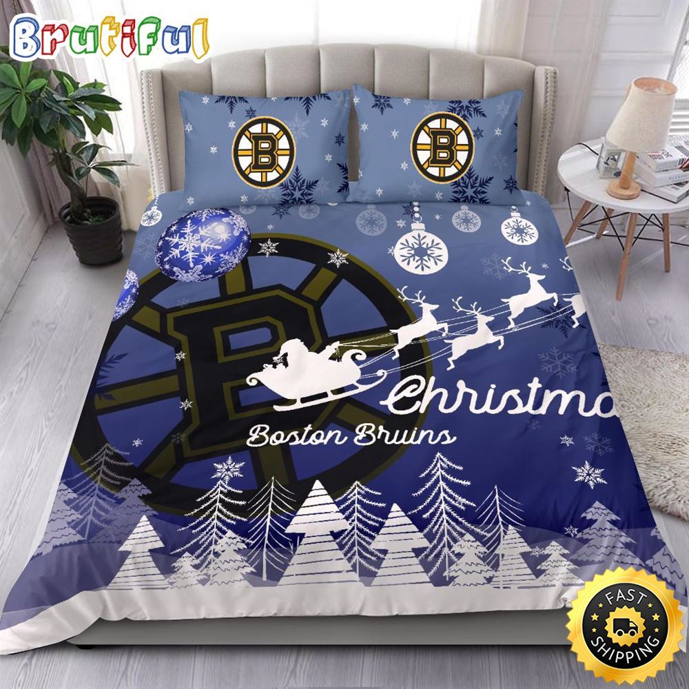 NHL Boston Bruins Bedding Sets Santa Claus Sleigh And Reindeer Christmas Bedding Sets Quilt Bedding Sets 1 l3ixdo