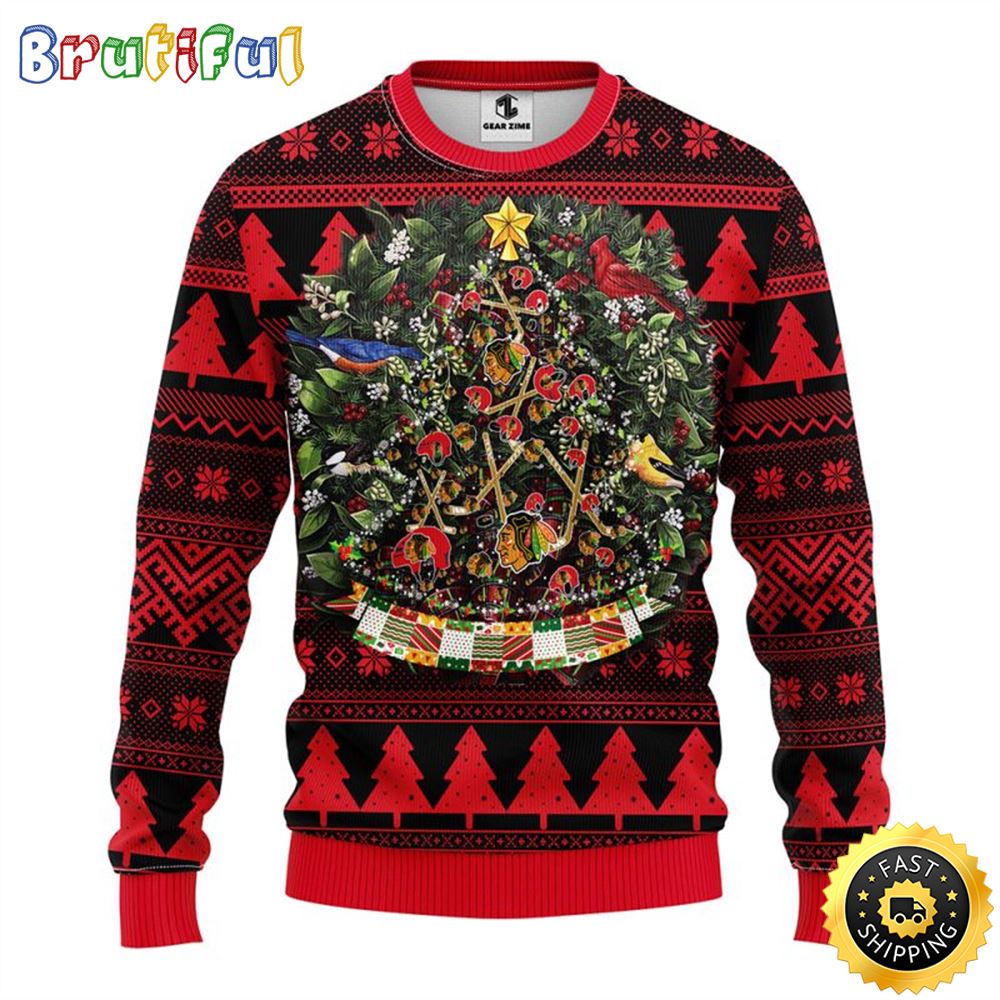 NHL Chicago Blackhawks Ugly Christmas Sweater Ball Pine Tree Christmas Unisex Sweater 1 oeeqnl