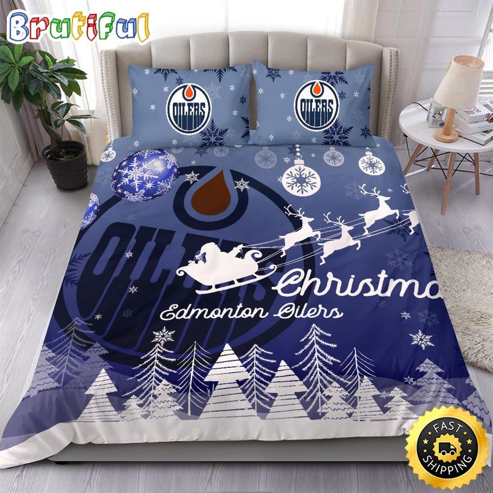 NHL Edmonton Oilers Bedding Sets Santa Claus Sleigh And Reindeer Christmas Bedding Sets Quilt Bedding Sets 1 fdkkr0