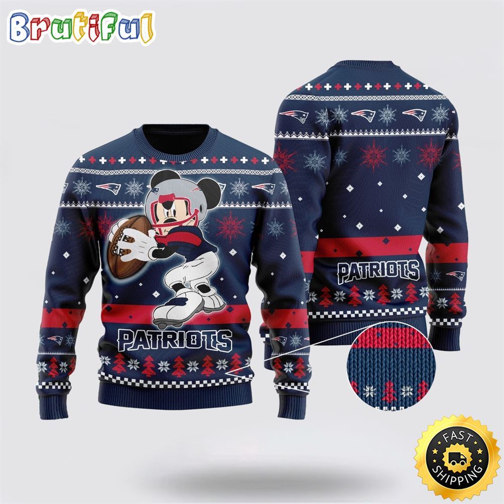 New England Patriots Ugly Christmas Sweater Mickey Mouse The Decisive Throw Unisex Sweater 1 h1mggz