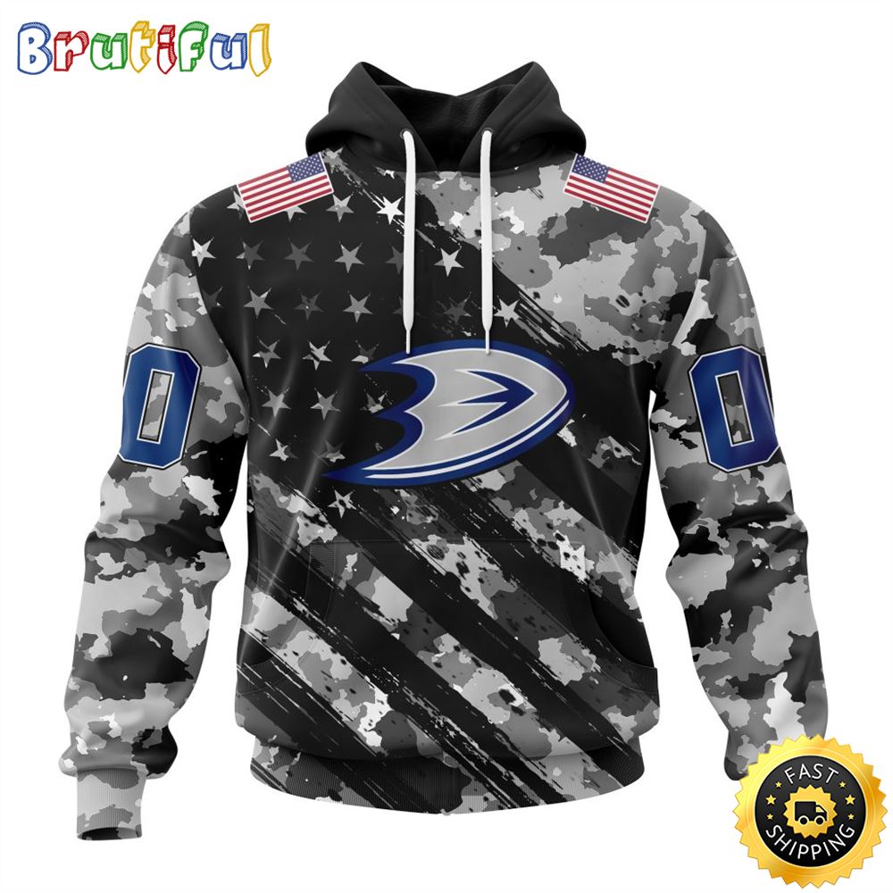 Personalized NHL Anaheim Ducks All Over Print 3D Hoodie Grey Camo Military Design And USA Flags On Shoulder Unisex Hoodie 1 y2eq2s