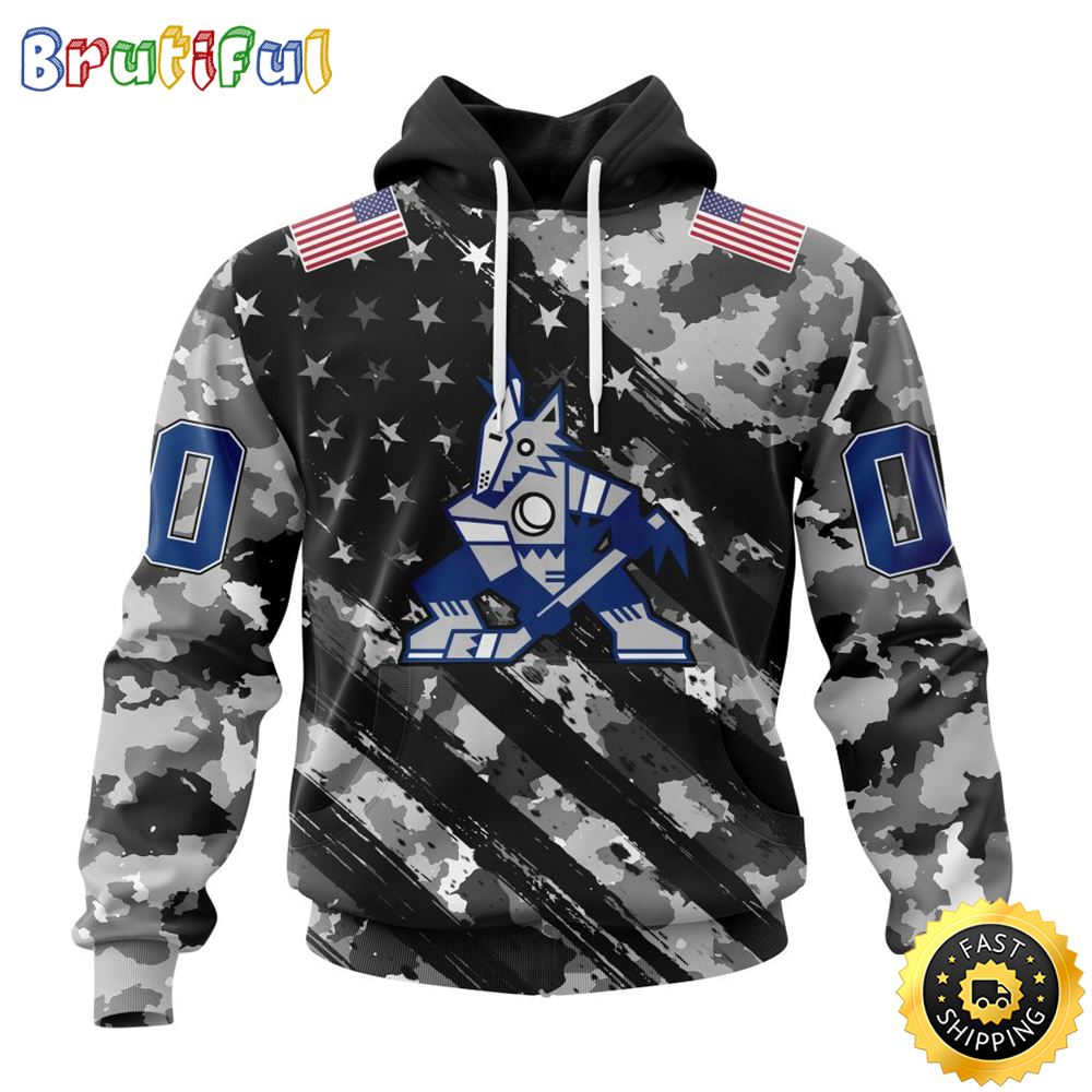 Personalized NHL Arizona Coyotes All Over Print 3D Hoodie Grey Camo Military Design And USA Flags On Shoulder Unisex Hoodie 1 scbi4g