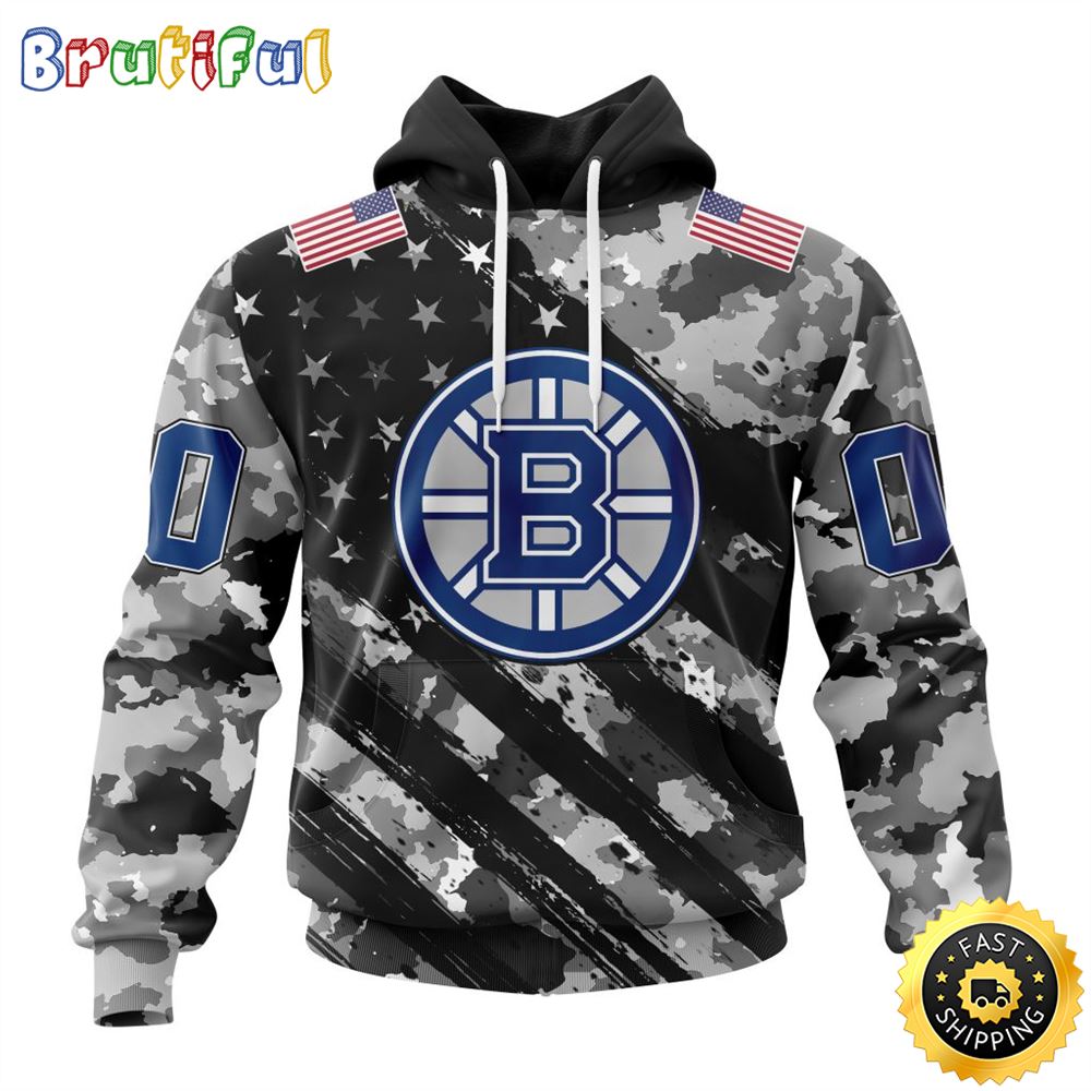 Personalized NHL Boston Bruins All Over Print 3D Hoodie Grey Camo Military Design And USA Flags On Shoulder Unisex Hoodie 1 ajrgt1