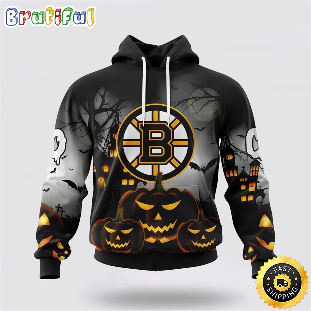 Personalized NHL Boston Bruins All Over Print 3D Hoodie Special Design Pumpkins For Halloween 1 tkrz3c