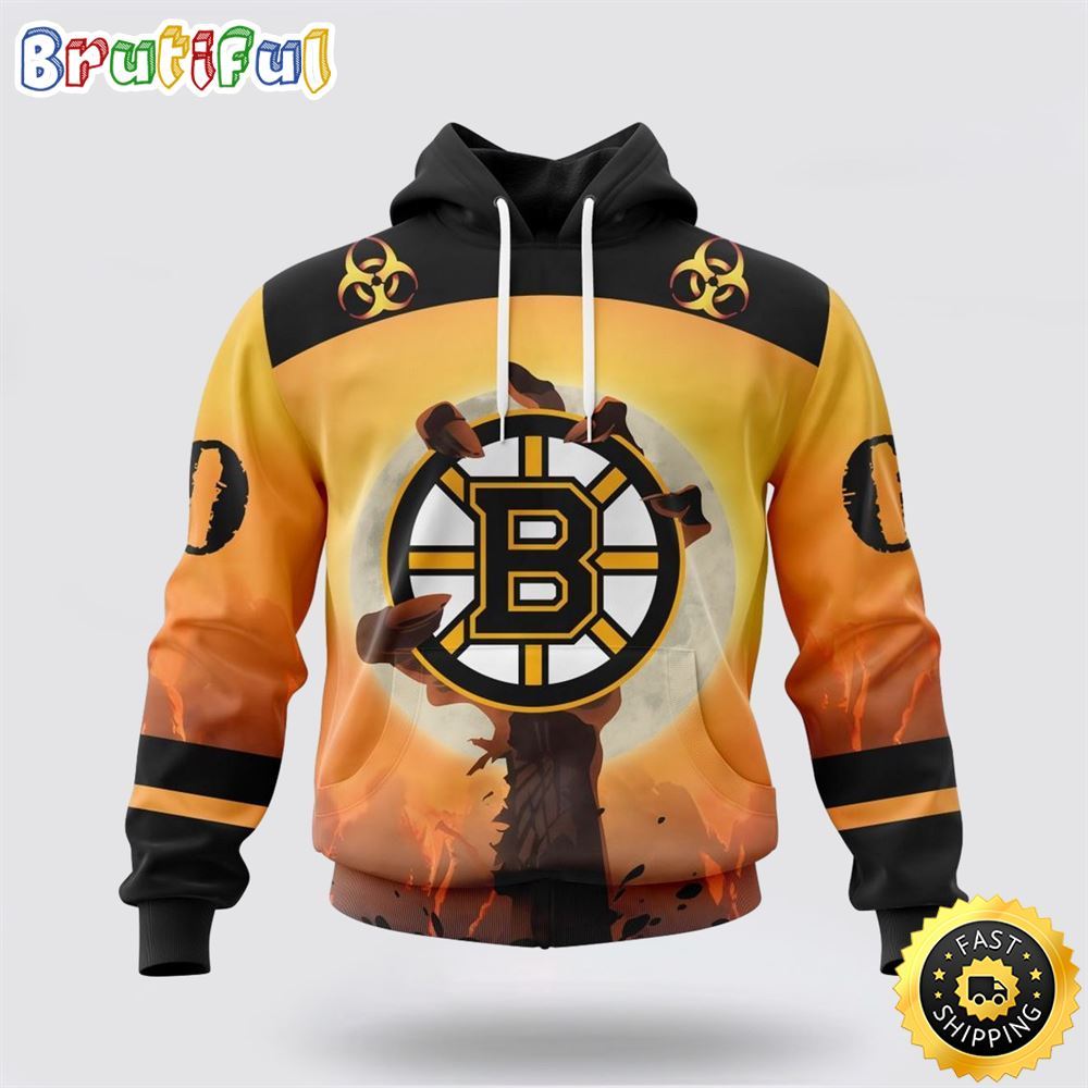 Personalized NHL Boston Bruins All Over Print 3D Hoodie Special Zombie Design For Halloween 1 vocl6z