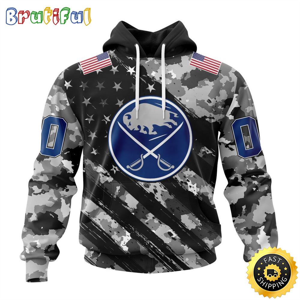 Personalized NHL Buffalo Sabres All Over Print 3D Hoodie Grey Camo Military Design And USA Flags On Shoulder Unisex Hoodie 1 dznonz