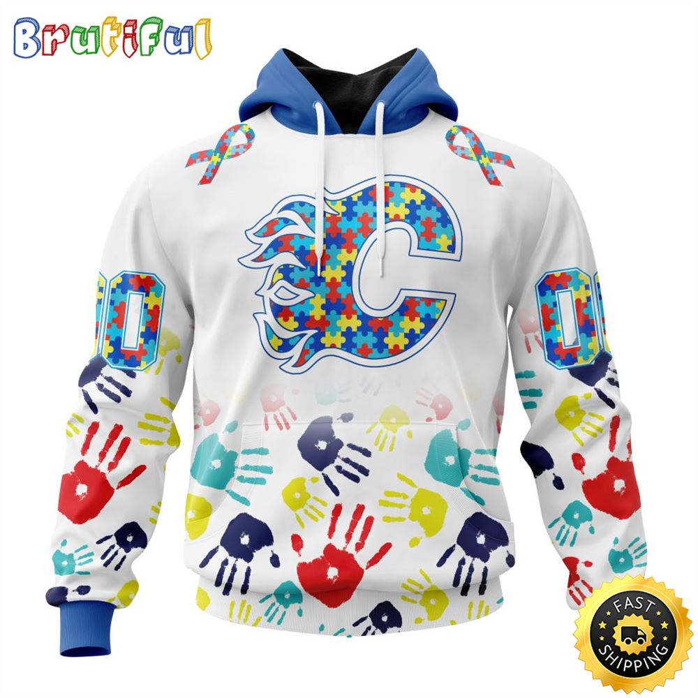 Personalized NHL Calgary Flames Autism Awareness Hands Design All Over Print 3D Hoodie Unisex Hoodie 1 p16iym
