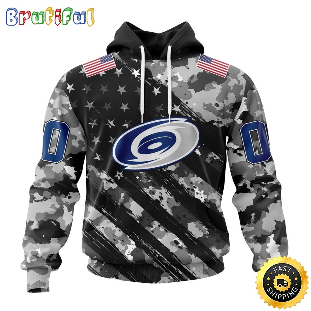 Personalized NHL Carolina Hurricanes All Over Print 3D Hoodie Grey Camo Military Design And USA Flags On Shoulder Unisex Hoodie 1 guf9nt