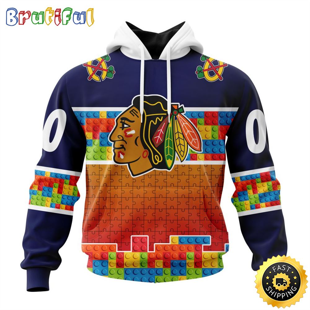 Personalized NHL Chicago Blackhawks All Over Print 3D Hoodie Autism Awareness Design Unisex Hoodie 1 d9fofh