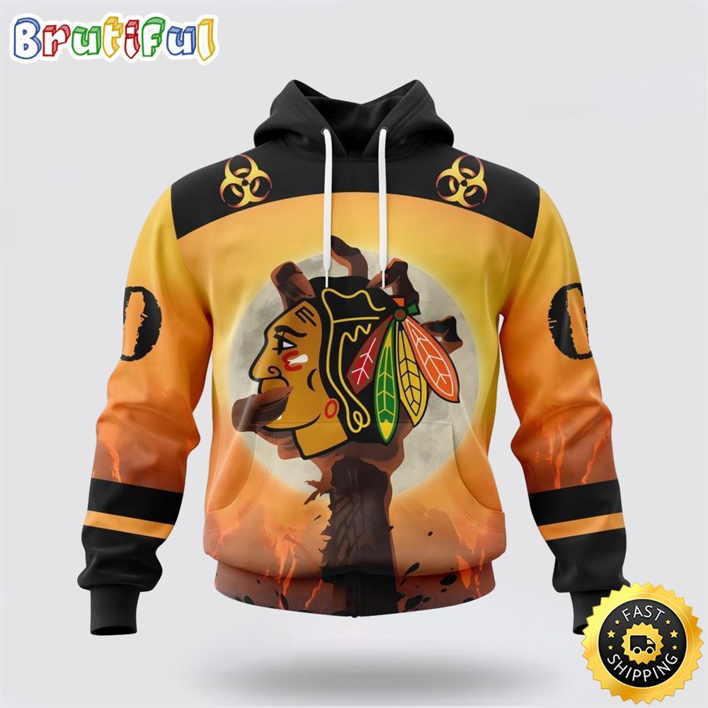 Personalized NHL Chicago Blackhawks All Over Print 3D Hoodie Special Zombie Design For Halloween 1 e1n7uo
