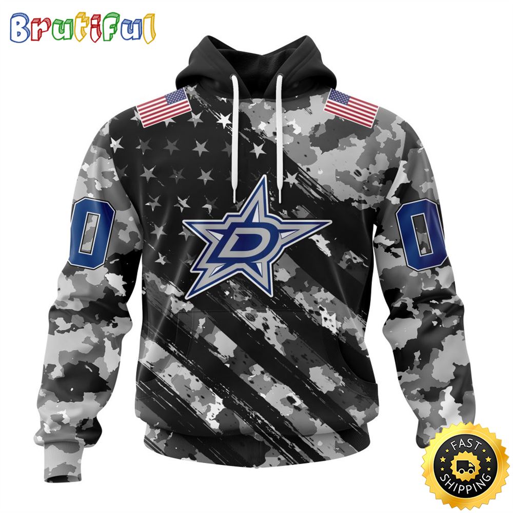 Personalized NHL Dallas Stars All Over Print 3D Hoodie Grey Camo Military Design And USA Flags On Shoulder Unisex Hoodie 1 b2vknh