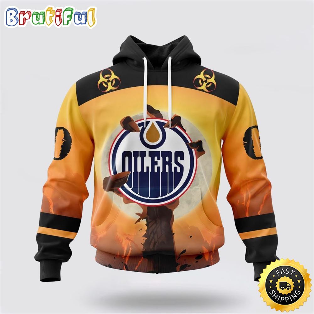 Personalized NHL Edmonton Oilers All Over Print 3D Hoodie Special Zombie Design For Halloween 1 xiip5o