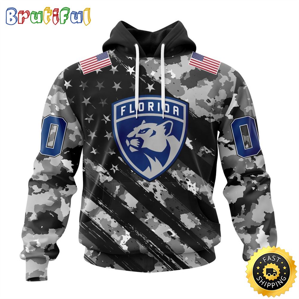 Personalized NHL Florida Panthers All Over Print 3D Hoodie Grey Camo Military Design And USA Flags On Shoulder Unisex Hoodie 1 pmbmmq