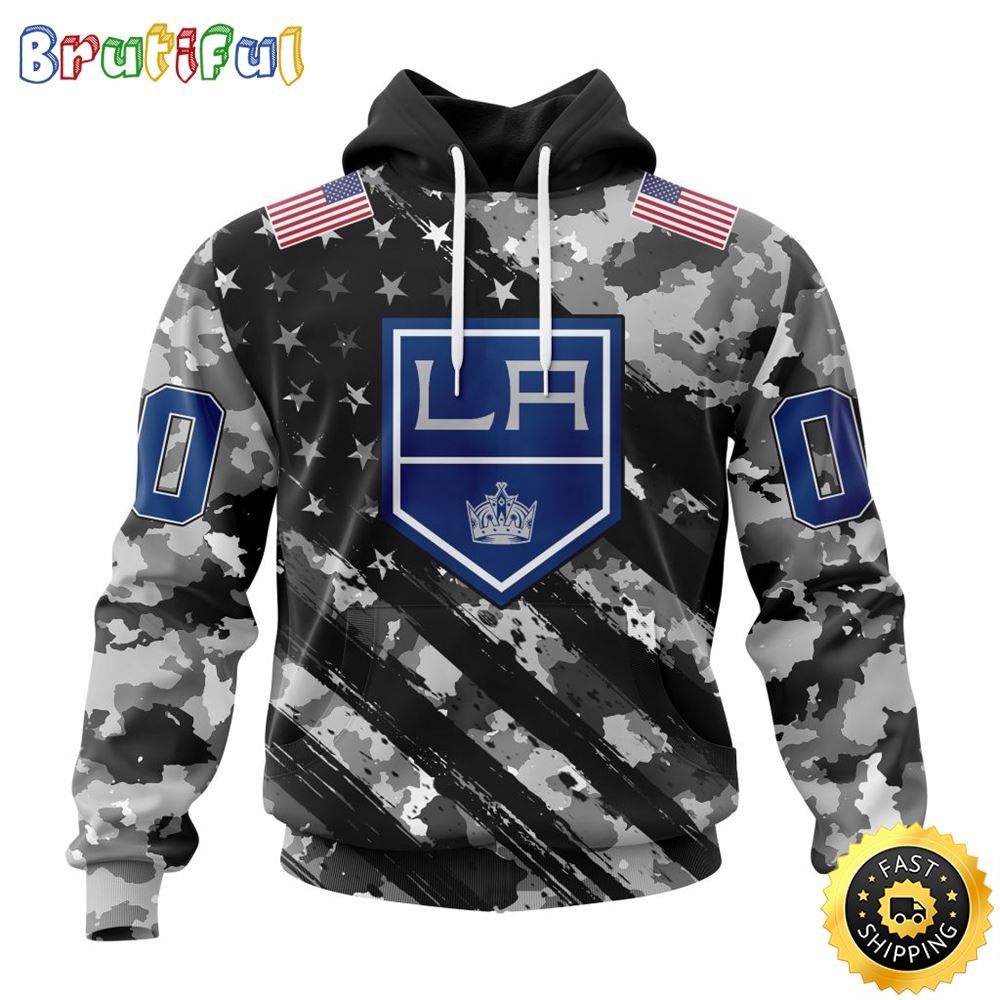 Personalized NHL Los Angeles Kings All Over Print 3D Hoodie Grey Camo Military Design And USA Flags On Shoulder Unisex Hoodie 1 fezfqu
