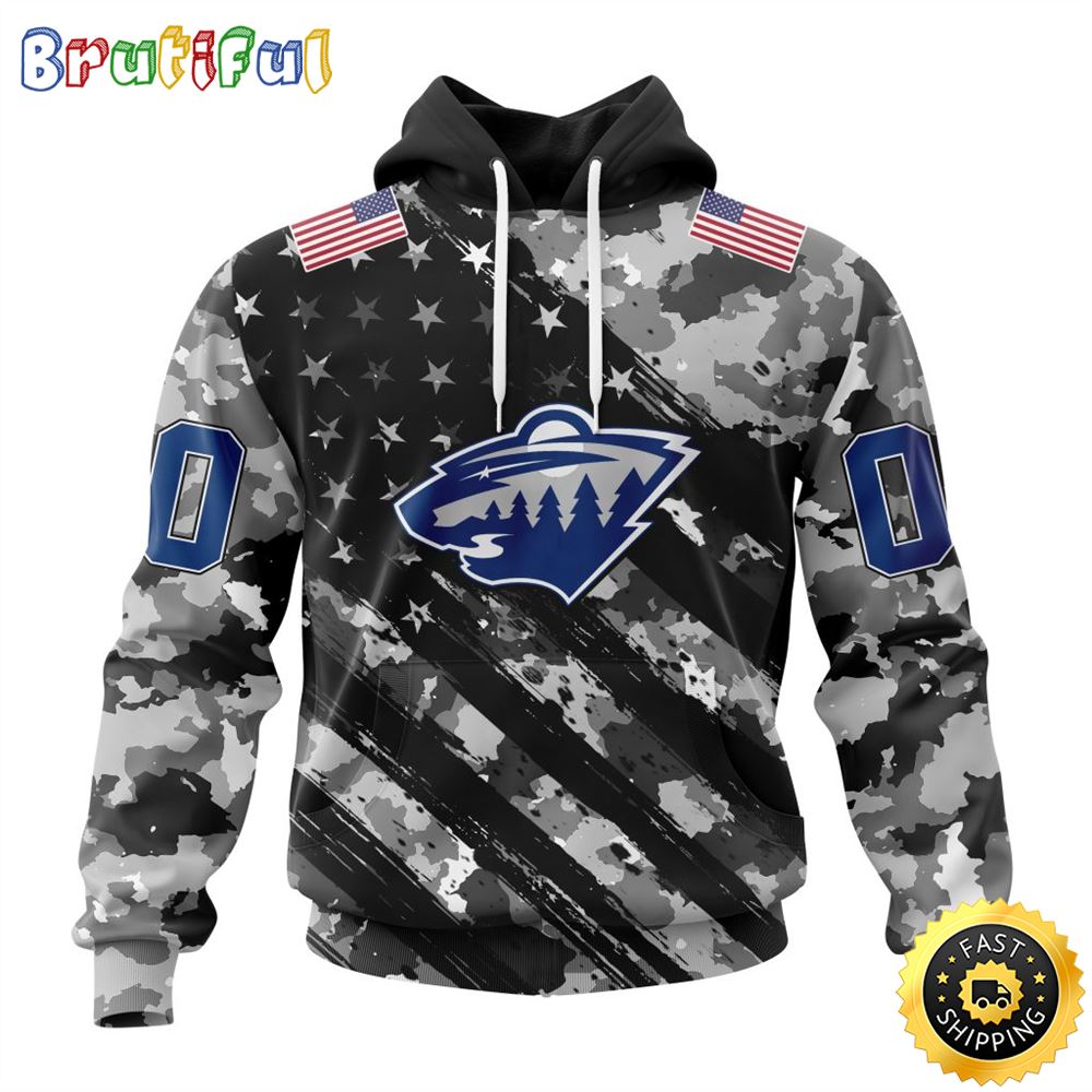 Personalized NHL Minnesota Wild All Over Print 3D Hoodie Grey Camo Military Design And USA Flags On Shoulder Unisex Hoodie 1 ng5ot6