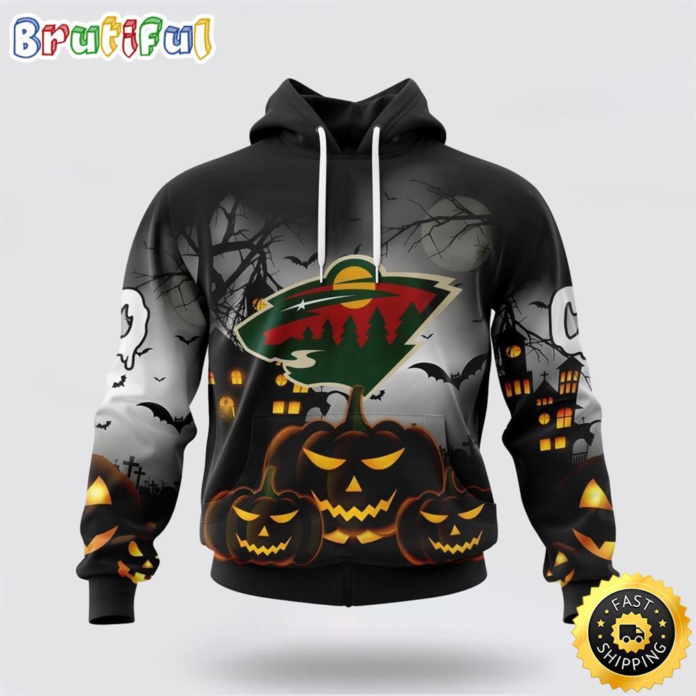 Personalized NHL Minnesota Wild All Over Print 3D Hoodie Special Design Pumpkins For Halloween 1 lzieyr