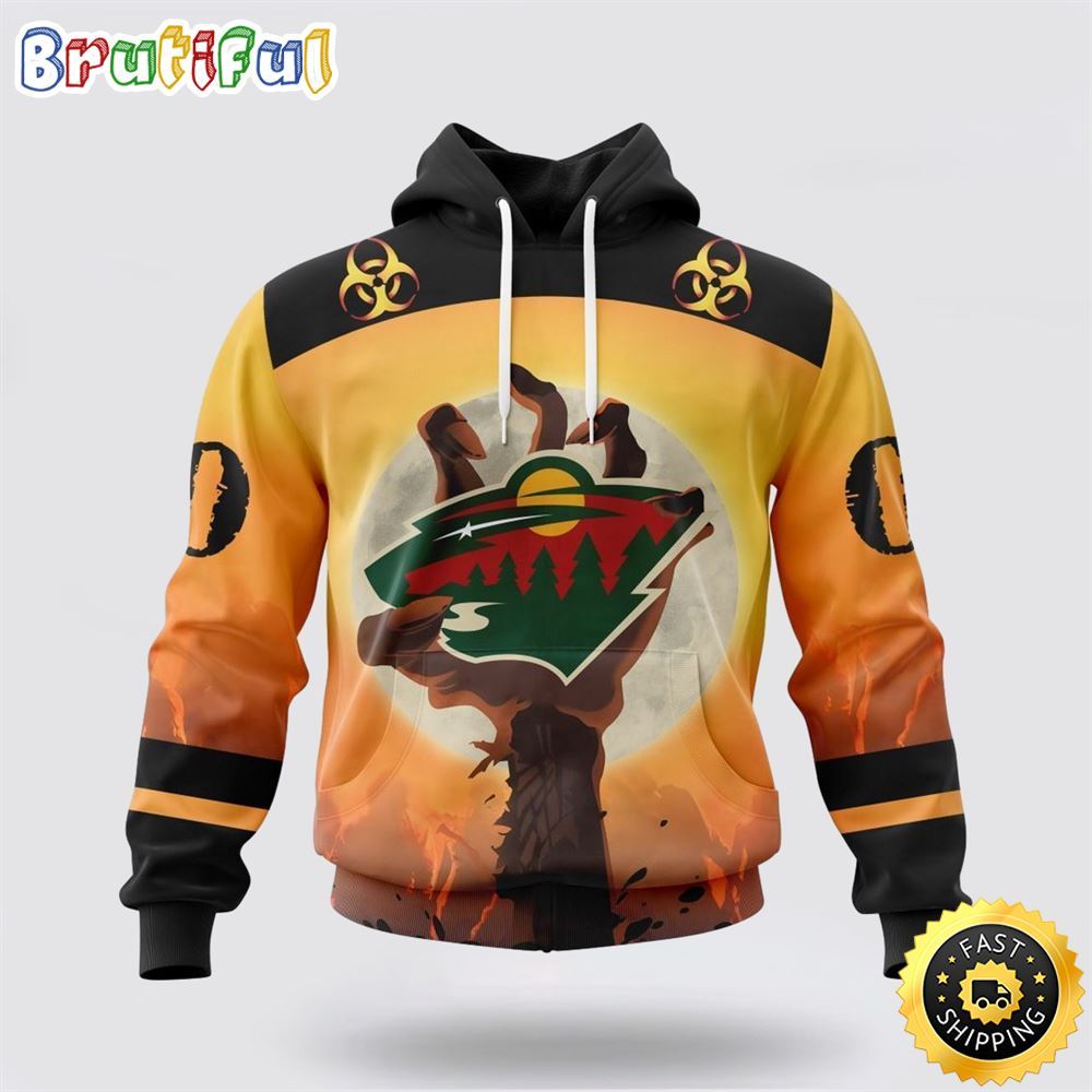 Personalized NHL Minnesota Wild All Over Print 3D Hoodie Special Zombie Design For Halloween 1 age0k3