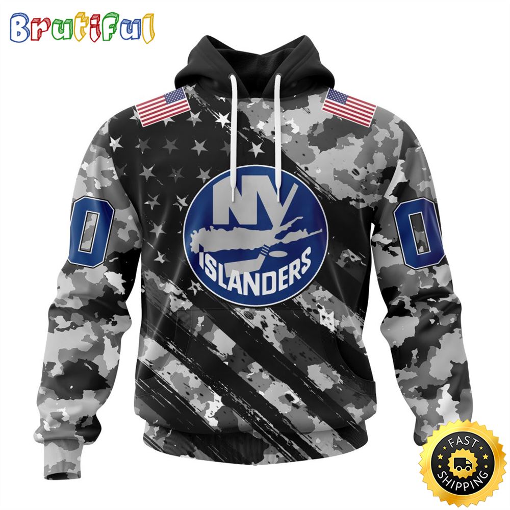 Personalized NHL New York Islanders All Over Print 3D Hoodie Grey Camo Military Design And USA Flags On Shoulder Unisex Hoodie 1 upigye