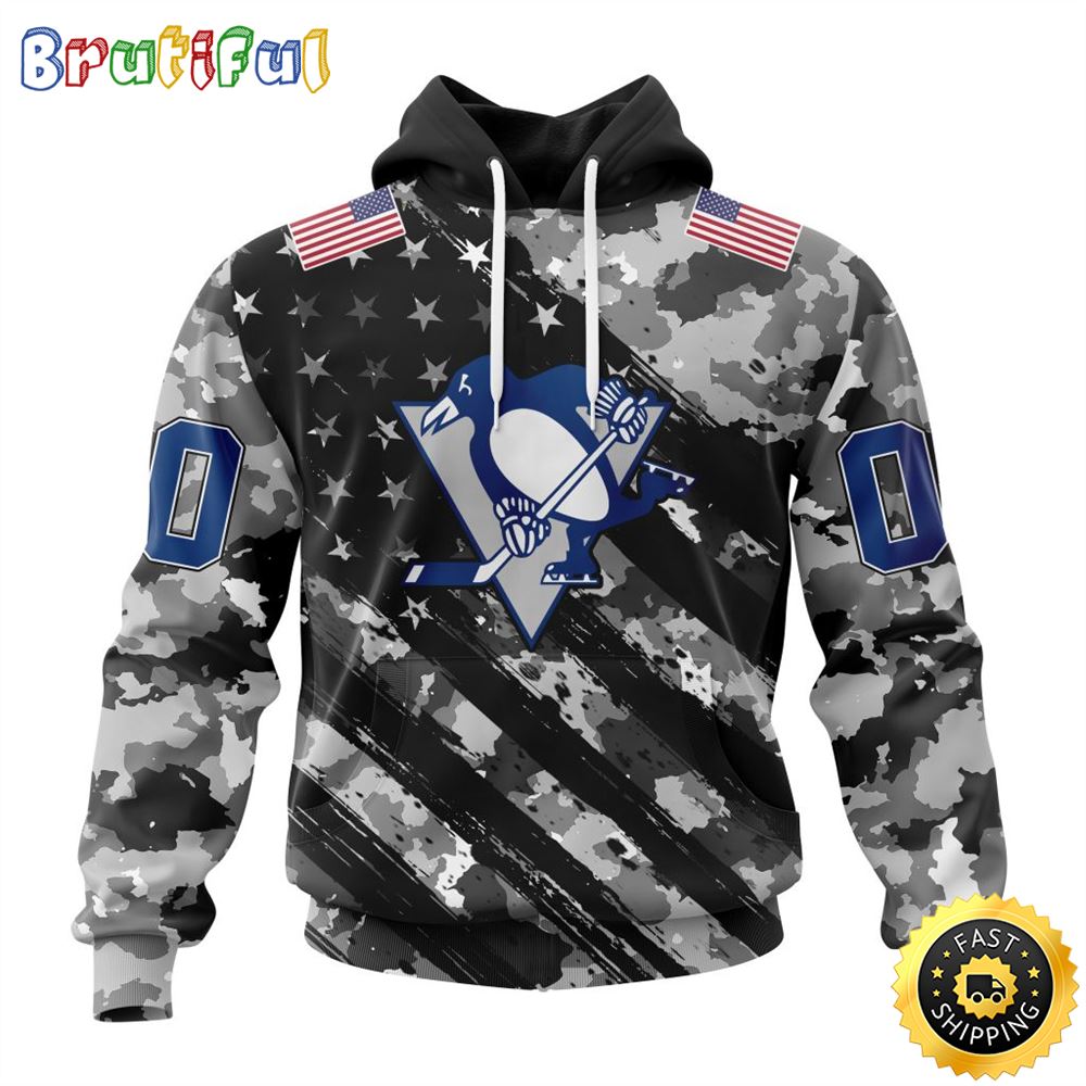 Personalized NHL Pittsburgh Penguins All Over Print 3D Hoodie Grey Camo Military Design And USA Flags On Shoulder Unisex Hoodie 1 yliyxa