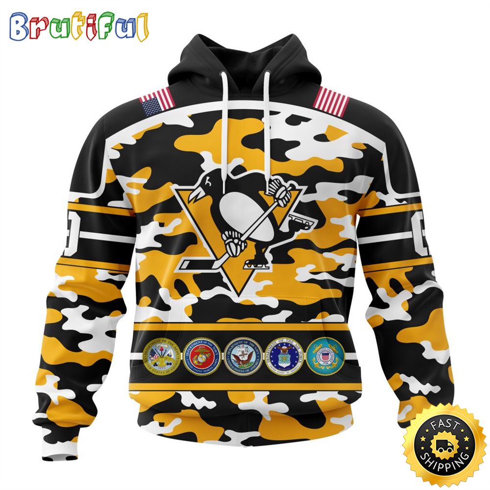 Personalized NHL Pittsburgh Penguins With Camo Team Color And Military Force Logo All Over Print 3D Hoodie Unisex Hoodie Tshirt Sweatshirt 1 w0grny