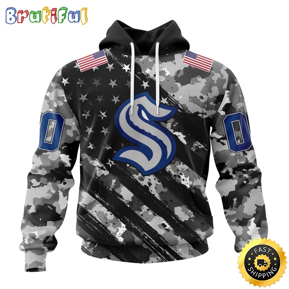 Personalized NHL Seattle Kraken All Over Print 3D Hoodie Grey Camo Military Design And USA Flags On Shoulder Unisex Hoodie 1 oqrvr9