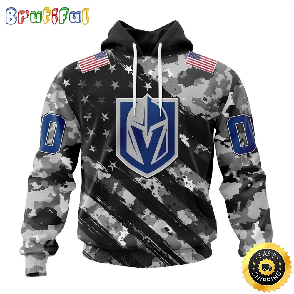 Personalized NHL Vegas Golden Knights All Over Print 3D Hoodie Grey Camo Military Design And USA Flags On Shoulder Unisex Hoodie 1 hi9vqp