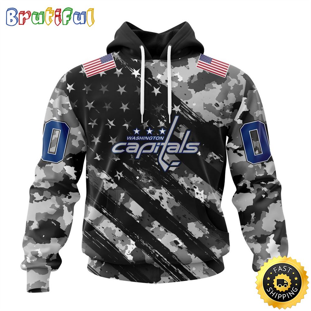 Personalized NHL Washington Capitals All Over Print 3D Hoodie Grey Camo Military Design And USA Flags On Shoulder Unisex Hoodie 1 dztrtg
