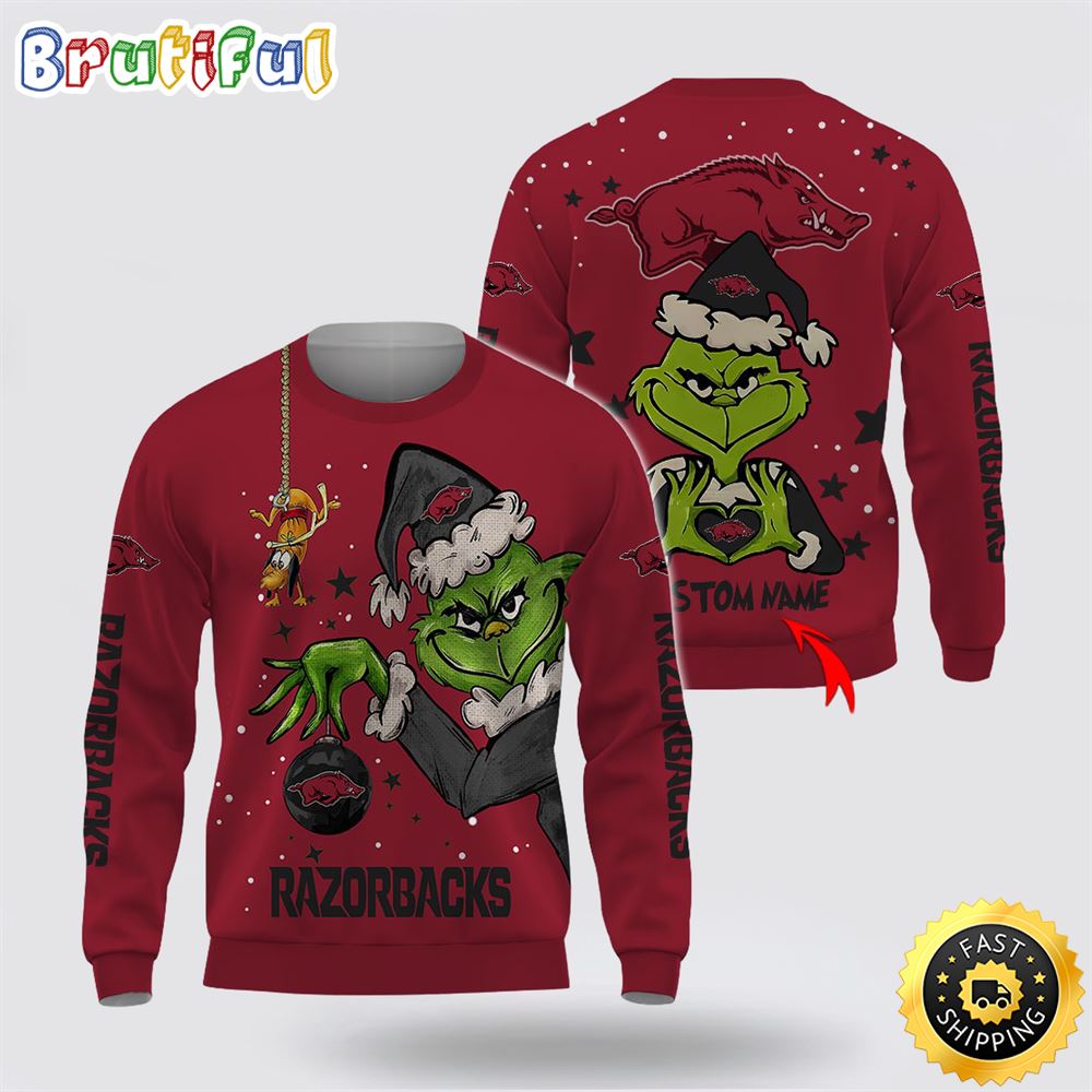 Custom Name NCAA Arkansas Razorbacks Ugly Sweater Grinch Funny Christmas Football Sweater 1 kawhw2.jpg